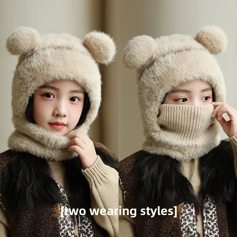 Cute Kids Plush Ear Protection Hat Solid Color Winter One Piece Scarf Cap Children Girls Boys Anti-cold Warm Hooded Beanie