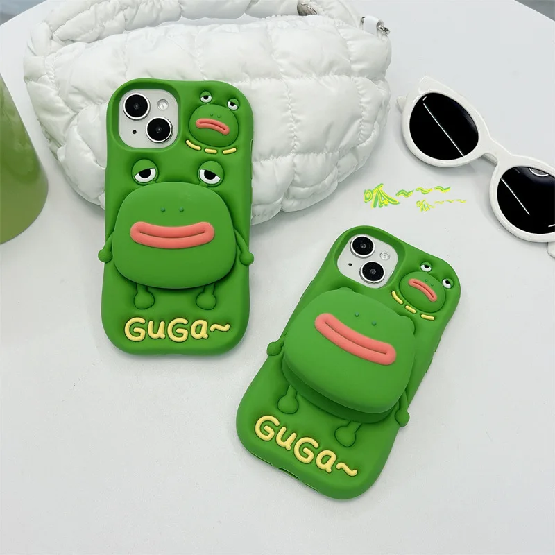 Niedliche Cartoon-Handyhülle mit dicken Lippen, Frosch, Silikon, Teleskophalterung, für iPhone 15, 14, 12, 13, Pro Max, stoßfeste Schutzhülle