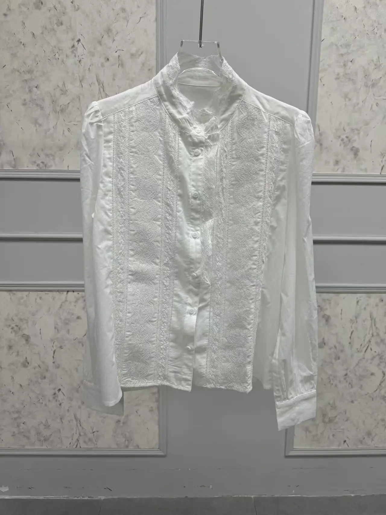 2025 신상 여성 레이스 블라우스 긴팔 싱글 버튼 블루 또는 화이트 러플 셔미즈 봄 여름