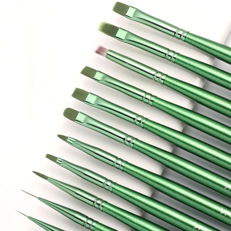 1/12Pcs Nail Art Brush Green Painted Wooden Handle Drawing Liner Flower Brush Edge Uv Gel Nail Art Tools