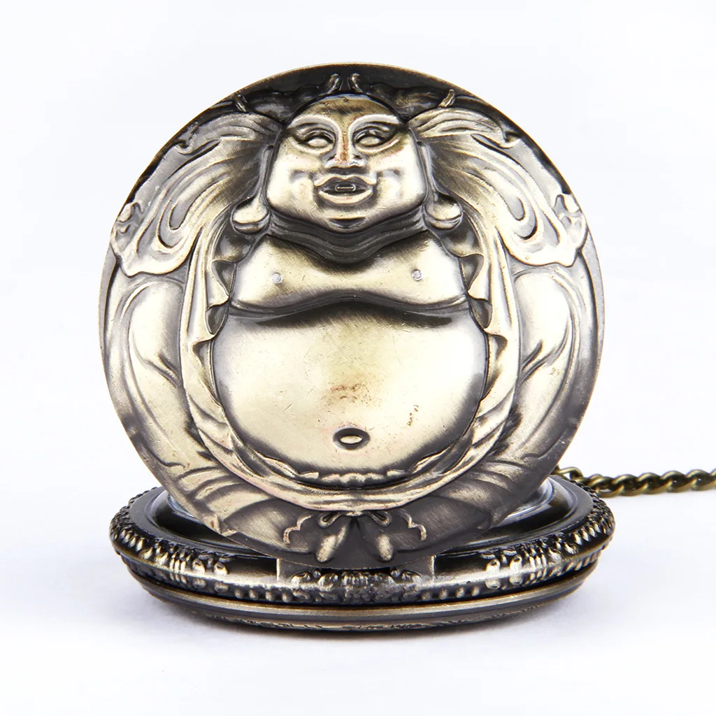 Vintage Luxury Buddha Patterned Carving Quartz Pocket Watch for Men Ladies Laser Engraved Fob Chain Bronze Clock for Collection