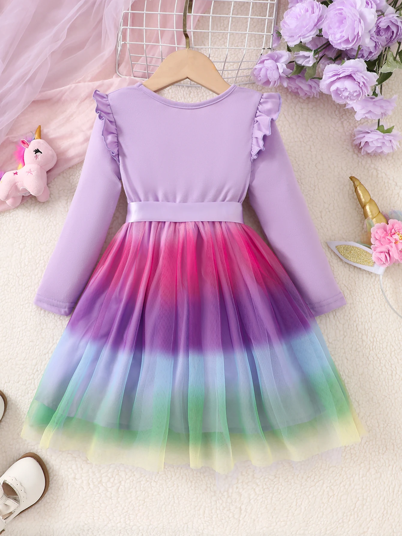 Girls' Knitted Casual Long-Sleeve Flutter-Sleeve Ruffle Unicorn Heat-Transfer Colorful Mesh Fashion Dress Holiday Party Gift with Ribbon