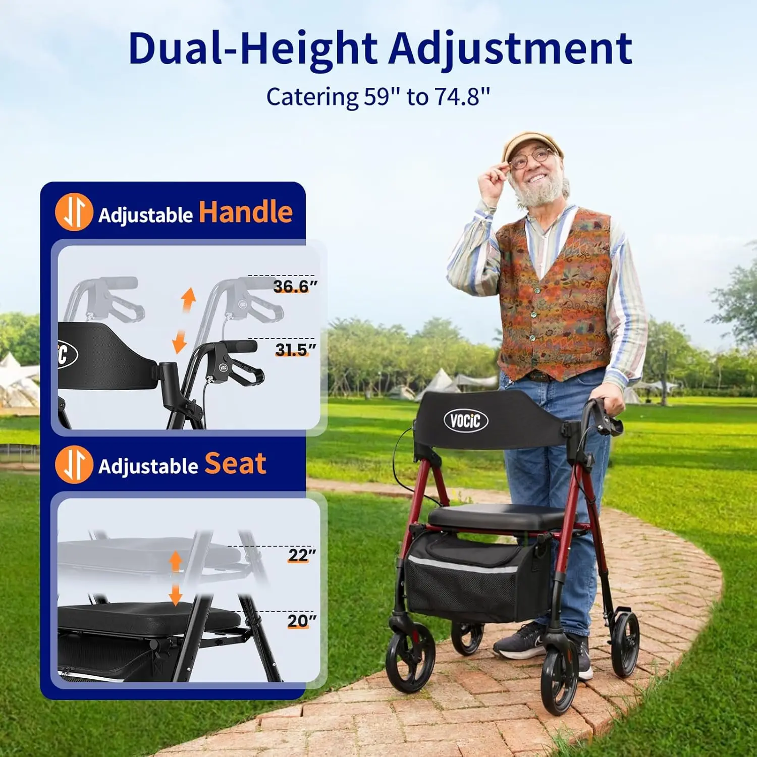 Walker with Seat,Rollator Walker with Durable Aluminum,8" Big Wheels for All Terrain, Ergonomic Seat and Backrest,Dual Adjustabl