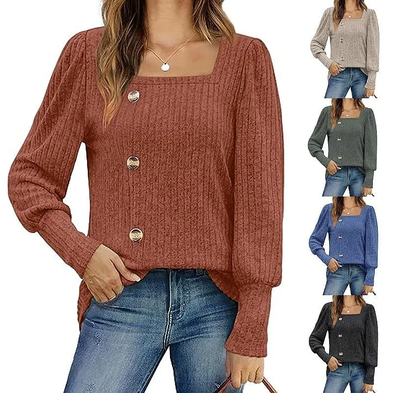 Women's Knit Tops Long Sleeve Square Neck Bubble Tee Slit Sweater T Shirts Blouse