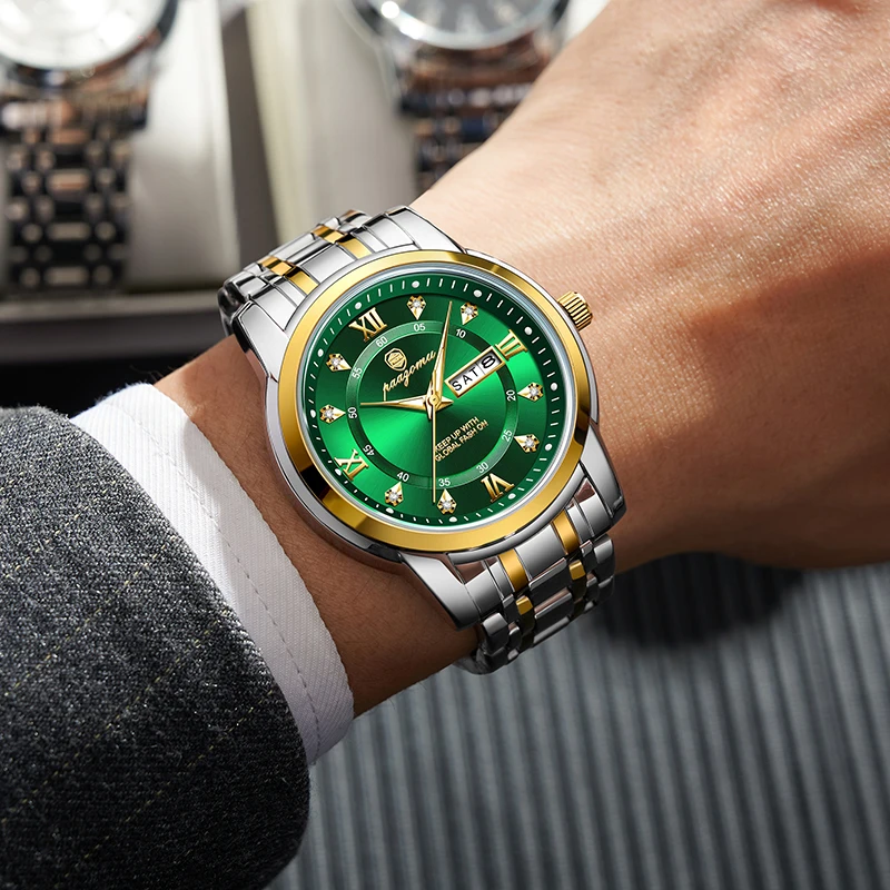 PENGAGAR ساعة فاخرة للرجال أنيقة تاريخ الأسبوع مقاوم للماء ساعة رجالية مضيئة كوارتز الفولاذ المقاوم للصدأ ساعات رياضية للرجال reloj