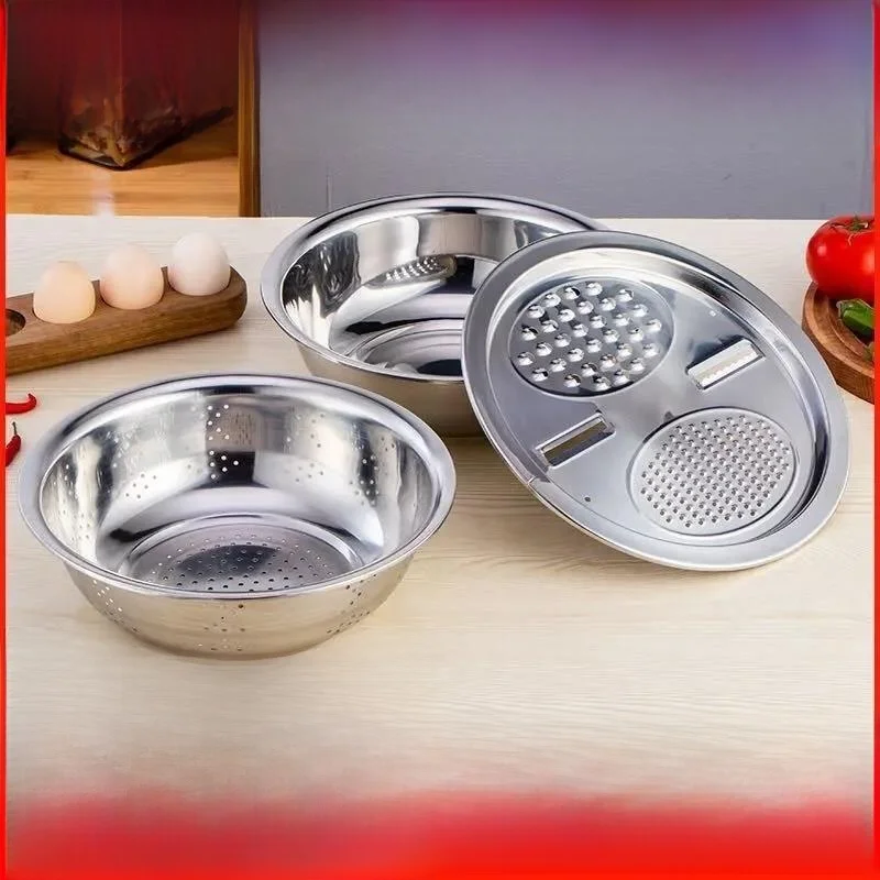 

Stainless Steel Multi-Function Shredder Basin Three-Piece Set for Home Kitchen Rice Washing Drain Basin Egg Beating Basin Gift