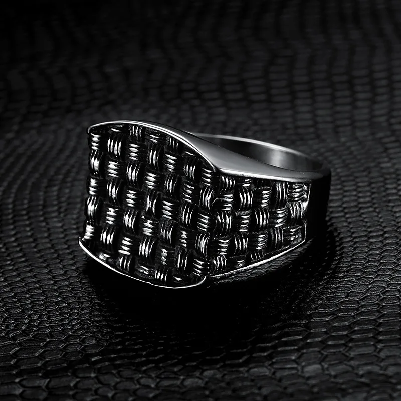 Megin D Stainless Steel Titanium Weaven Net Dot Square Motor Vintage Hip Hop Punk Ring for Men Women Couple Friends Gift Jewelry