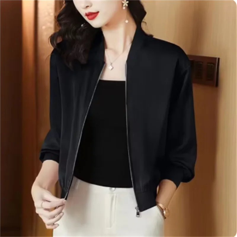 Silk Short Jacket Woman Coat Loose Satin Outwear Solid Color Cloth Zip Baseball Jacket Spring Autumn Clothes Thin Female Jacket