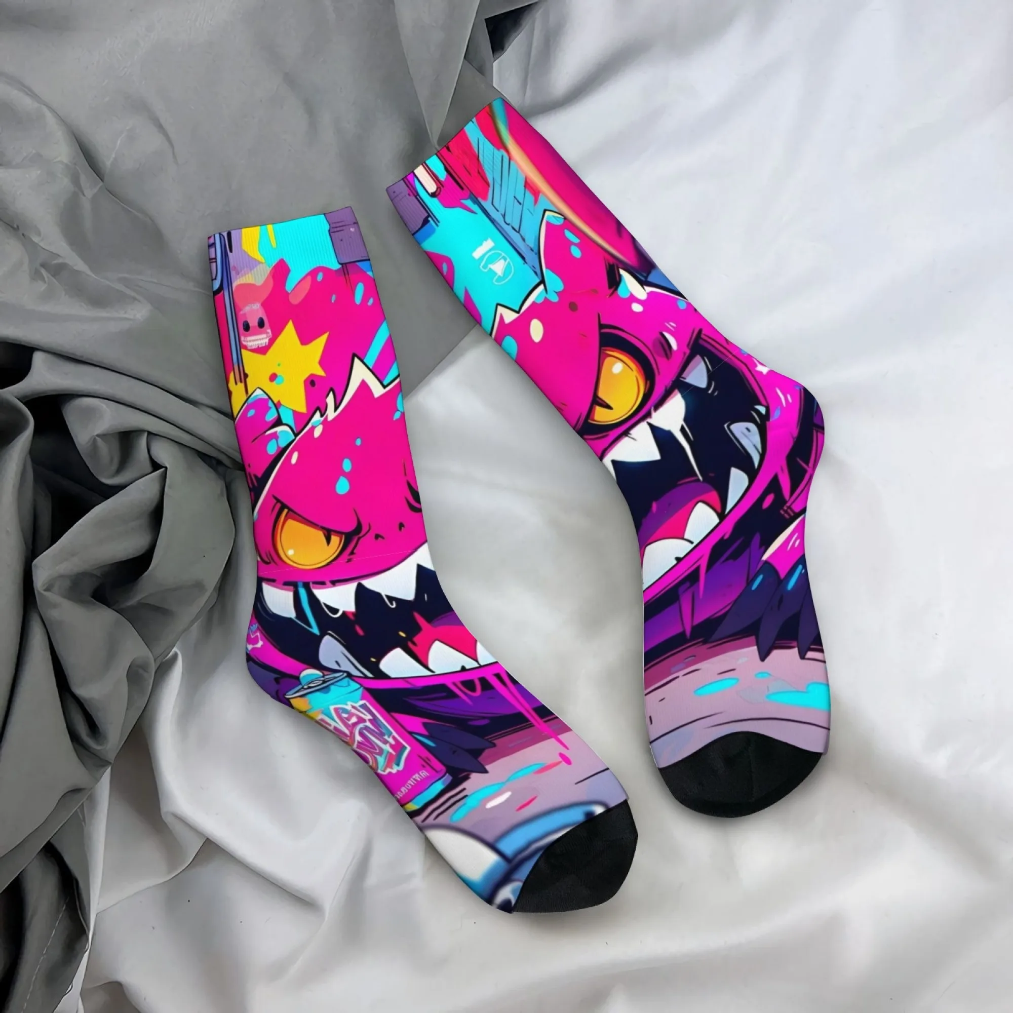 Cartoon-themed Stylish Fun Monster Print Socks Soft Breathable Non-slip Socks Retro Street Style Harajuku-inspired Cycling Socks