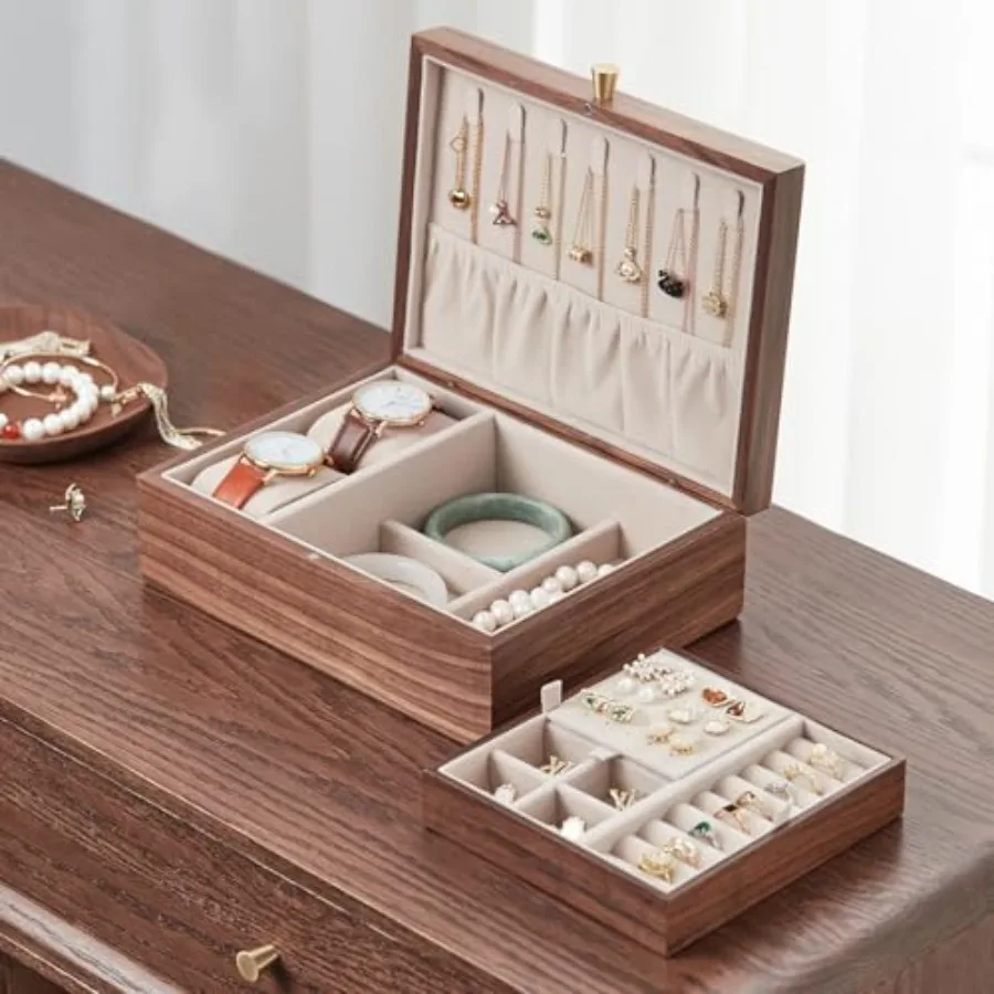 

Black Walnut Wooden Jewelry Box for Women 2 Layer Jewelry Organizer with Removable Tray for Watches Rings Earrings Necklace Bra