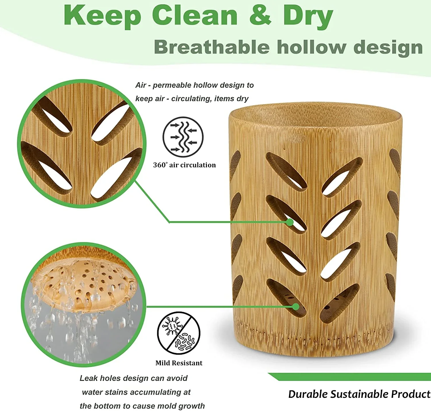 Sdotter Bamboo Toothbrush Holder for Bathroom Toothbrush Cup with Drainage Quick Drying Bathroom Cup air Circulation Toothpaste