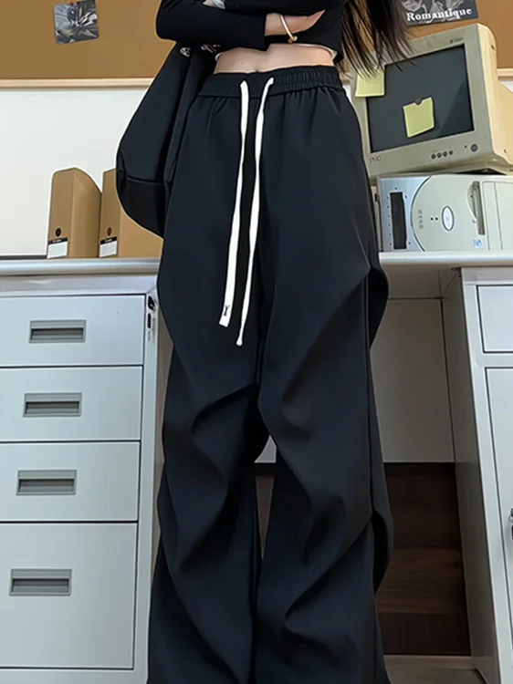 

Summer Men's Casual Trousers Thin Straight Anti-Wrinkle No-Iron Dstring Bla Drapey INS Loose Fit Long Pants Youth Trend