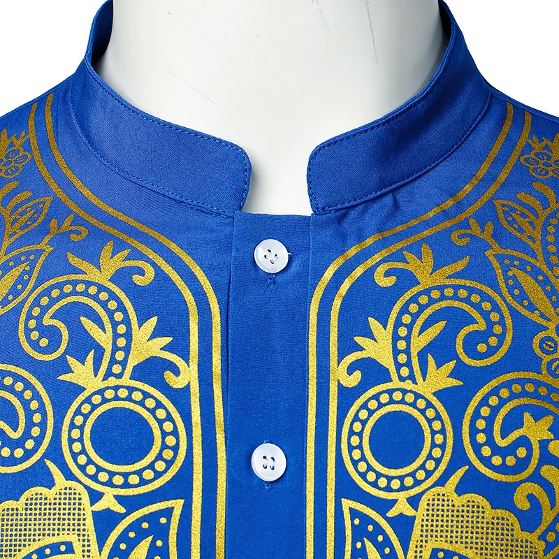 New Men's Long Sleeve Shirt in The Long National Style Hot Gold Printed Shirt