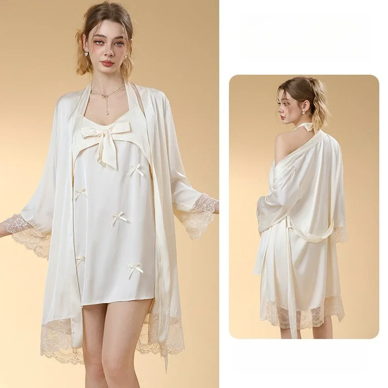 Cute Twinset Robe Set Elegant Sleepwear Women Satin Kimono Bathrobe Suit Sexy Lace Hollow Out Nightgown Casual Homewear 2PC Set