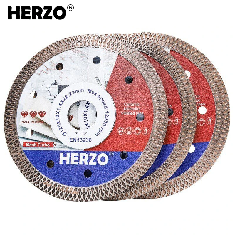 HERZO 3PCS 125MM Tile Diamond Cutting Disc Mesh Turbo Edges Ceramic Marble Dry&Wet Cutting Blade Power Tools Accessories