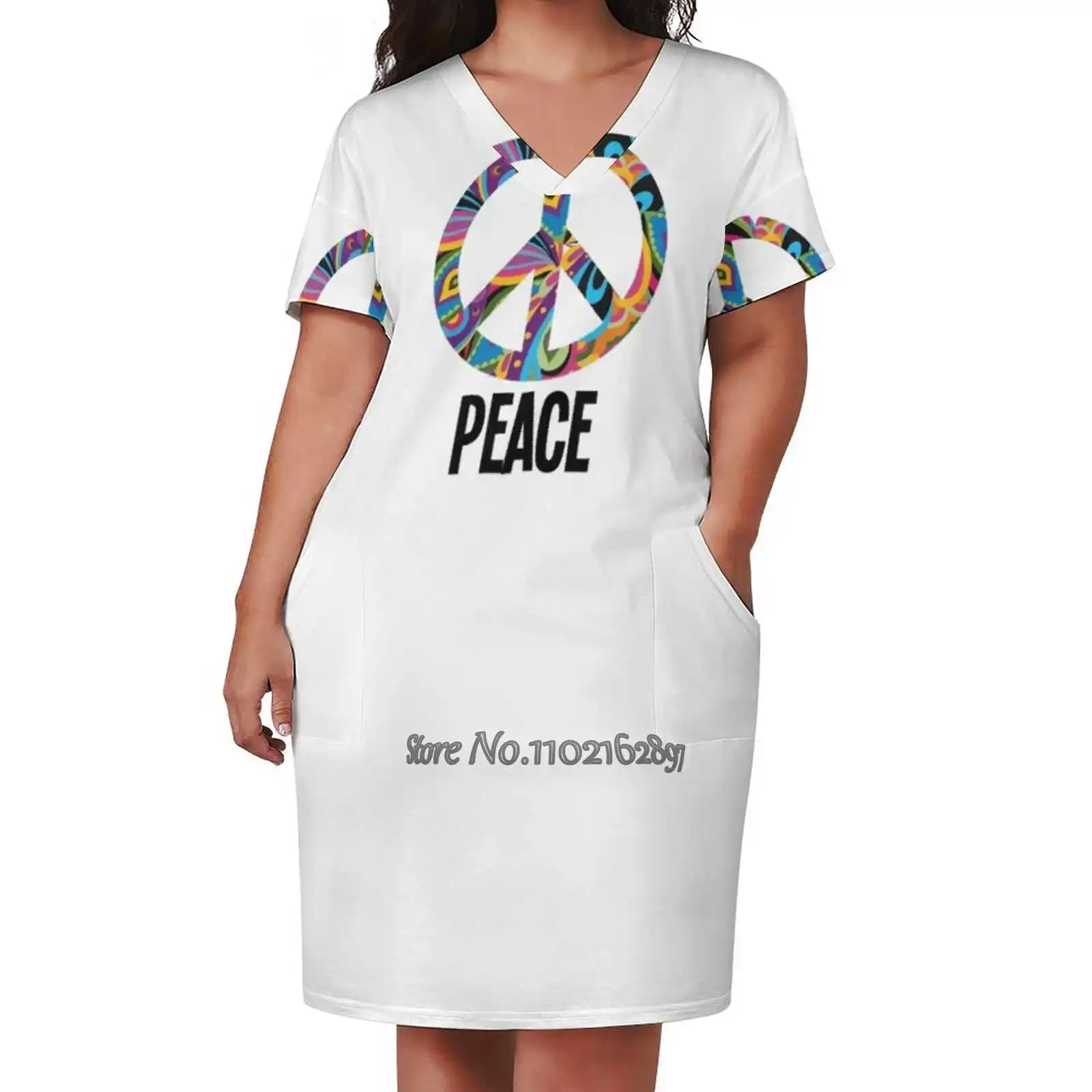 

Peace Sign Design Fashion Street Dress Loose V-Neck Short Sleeve Skirt Casual Party Skirt 5Xl Peace Sign Character World Peace