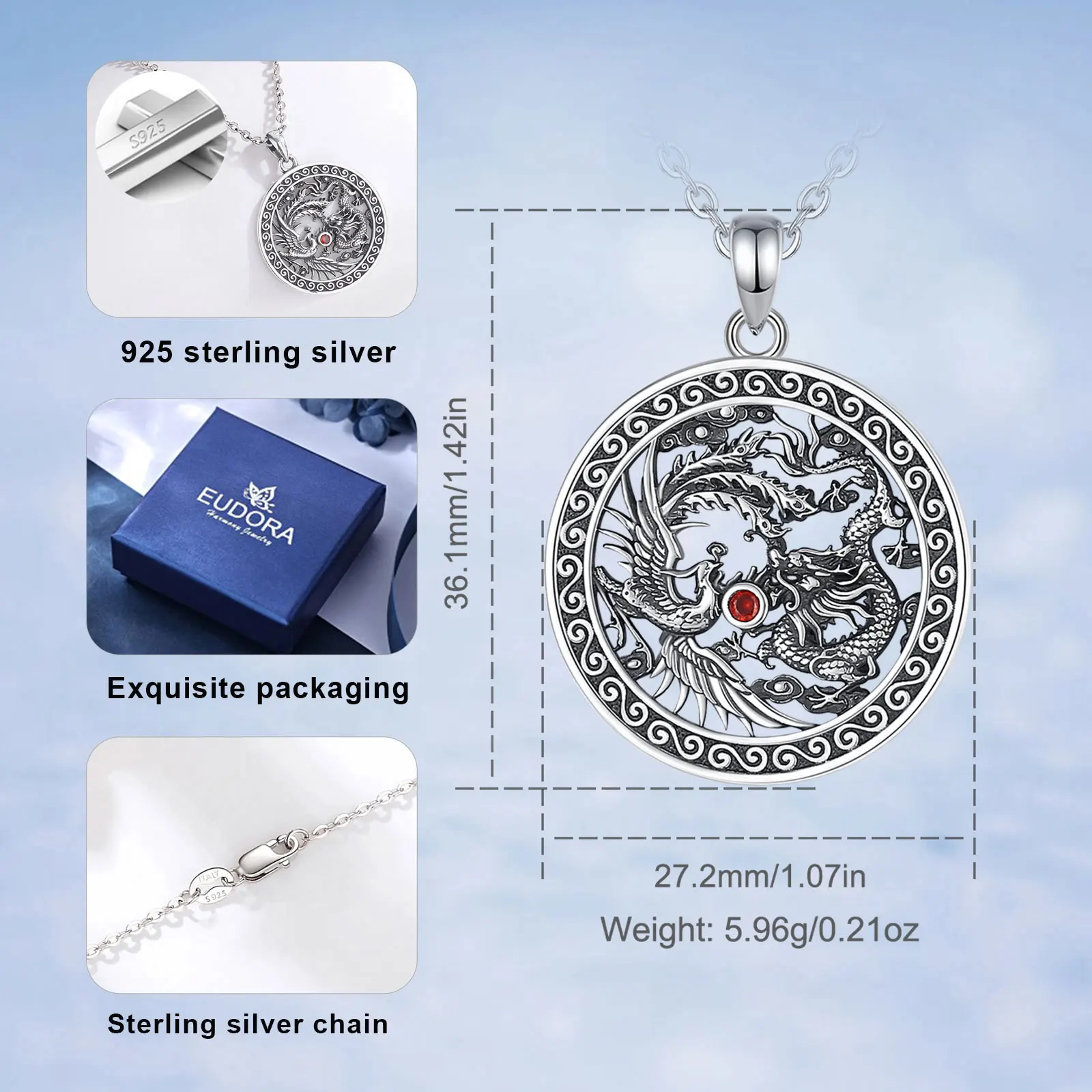 Eudora 925 Sterling Silver Phoenix Dragon Necklace for Women Man Vintage Red Zircon Sun Amulet Pendant Personality Jewelry Gift