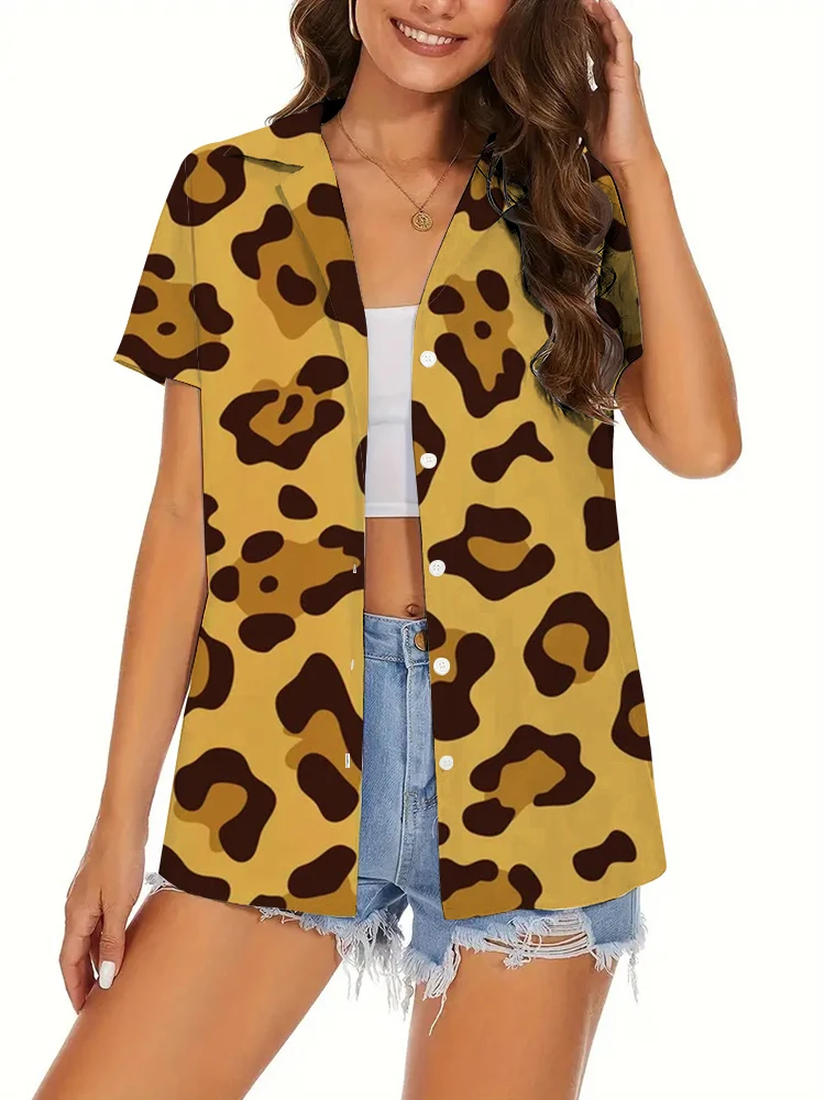 

Short-Sleeved Suit Collar Shirt Women Everyday Thin Shirt Top Sexy Leopard Print Design Breathable Comfortable Spring And Summer