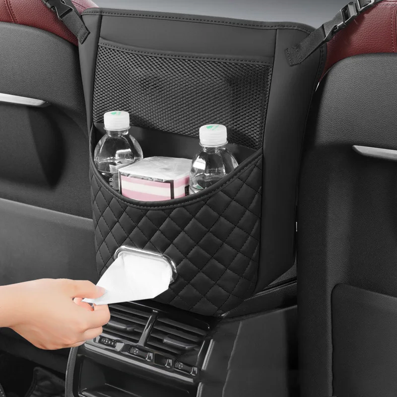 Car Storage Bag PU Leather Car Armrest Hanging Organizer Multifunction Handbag Holder Net Pocket Cup Tissue Storage