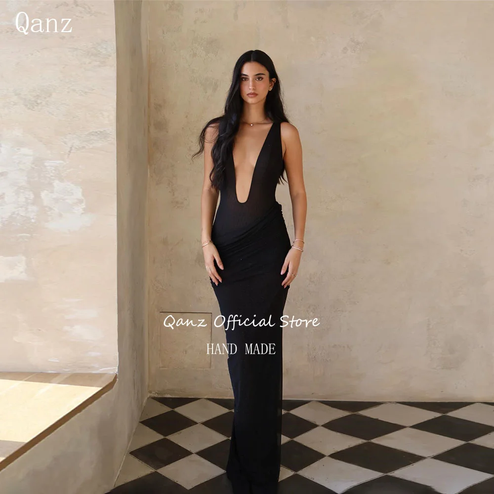 Qanz Deep V Neck Black Prom Dresses Mermaid Sleeveless Formal Evening Gowns Backless Women Robes De Soirée Customized