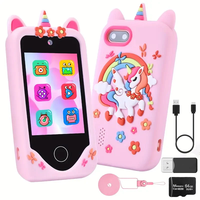 โทรศัพท์สำหรับเด็ก ใช้งานหน้าจอสัมผัส กล้อง 48MP รองรับการบันทึกวิดีโอความละเอียด 1080P HD มาพร้อมการ์ดหน่วยความจำ 64GB และเครื่องอ่านการ์ด