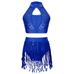 6-16Y Girls Jazz Latin Samba Dance Outfit Sequin Halter Crop Top with Fringe Shorts Set Ballet Gymnastics Performance Dancewear