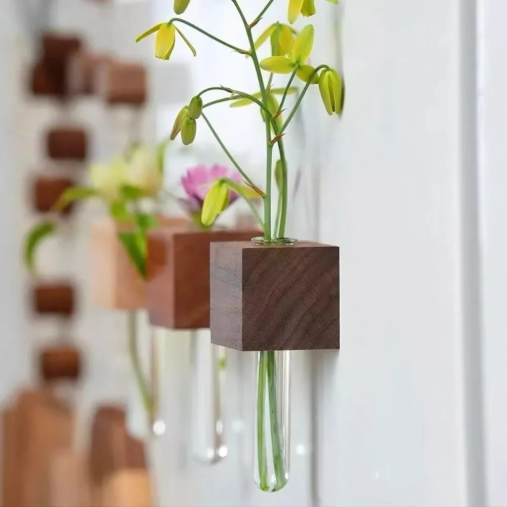 Wooden Test Tube Vase Mini Bonsai Fresh Flower Display Refrigerator Vase French Country Style Decorative Flower Holder