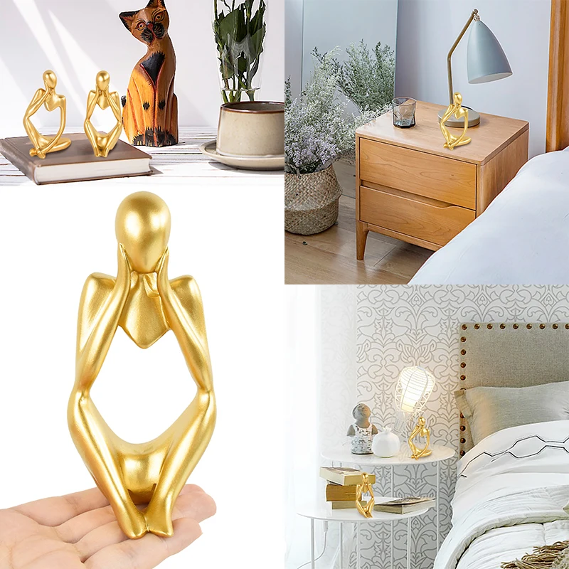 Golden Thinker Statues Table Decor Abstract Art Resin Sculpture Gold Figurines for Home Living Room Office Shelf Decorations