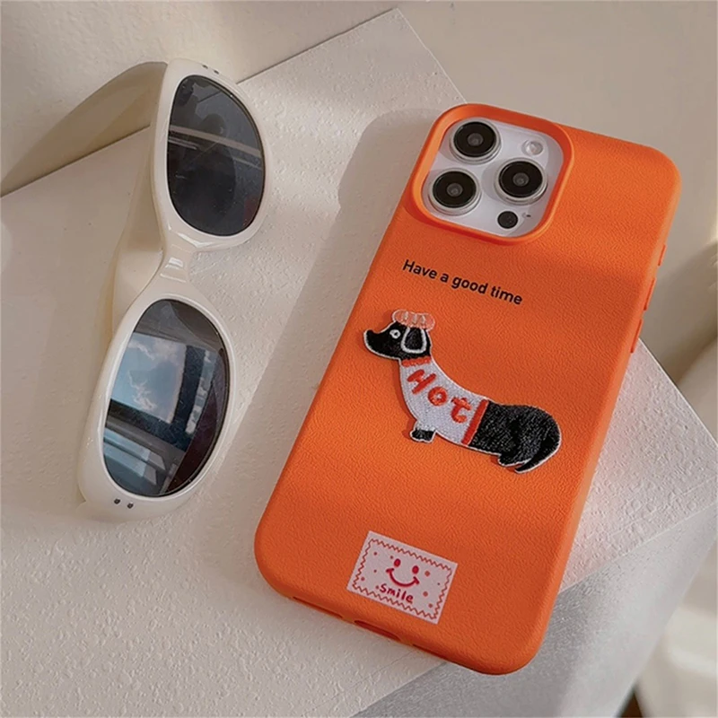 Cute Cartoon Dachshund Litchi Pattern Phone Case For iPhone 16 15 14 13 12 11 Pro Max X XR Korean Lovely Shockproof Soft Cover
