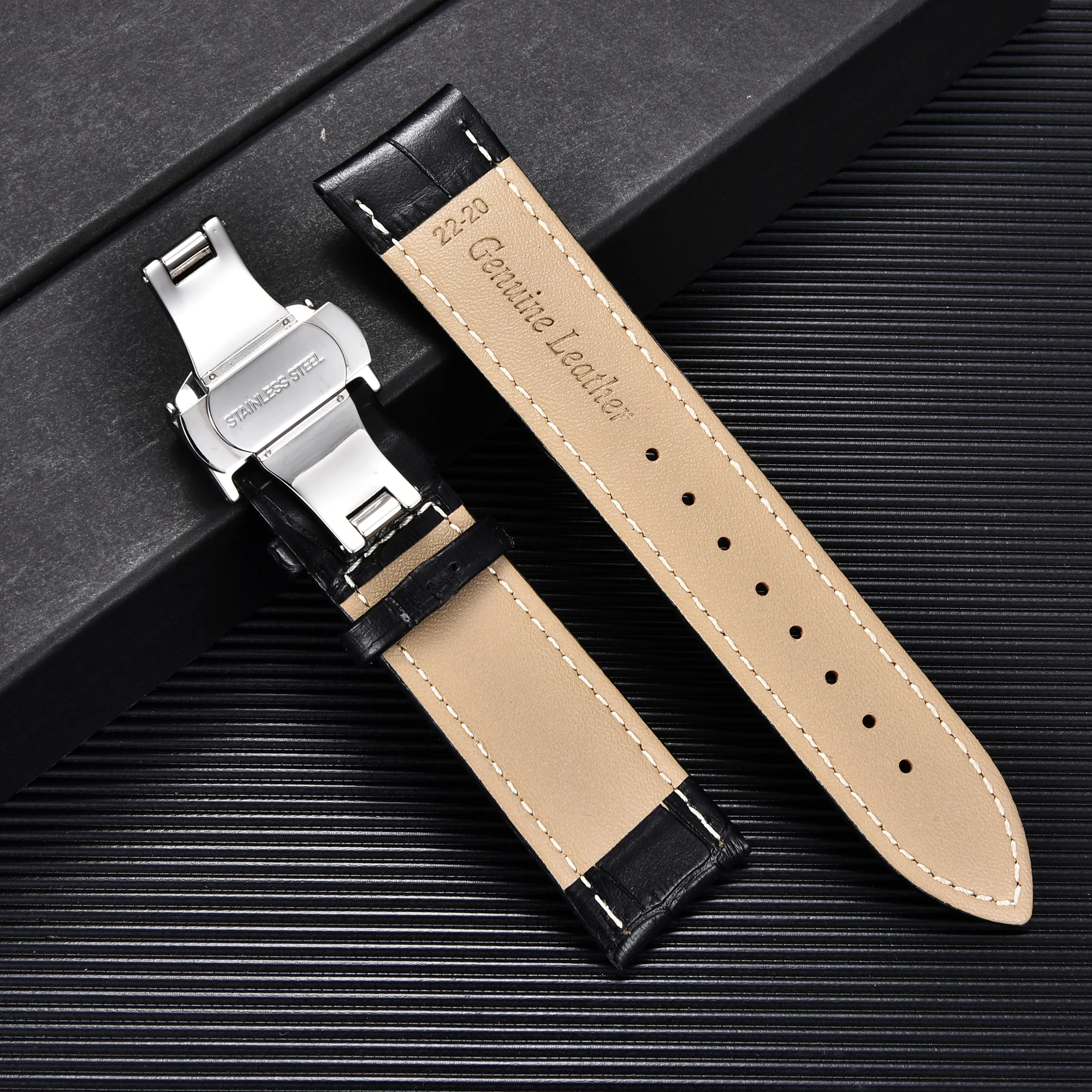 Bamboo Pattern Leather Watch Band Strap with Automatic Butterfly Deployment Clasp 18mm 20mm 22mm 24mm Straps Watch Accessories