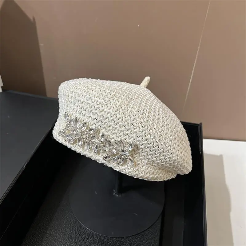 Summer bonnet breathable and stylish beret rhinestone designer French cotton polyester small artist fashion hat octagonal hat