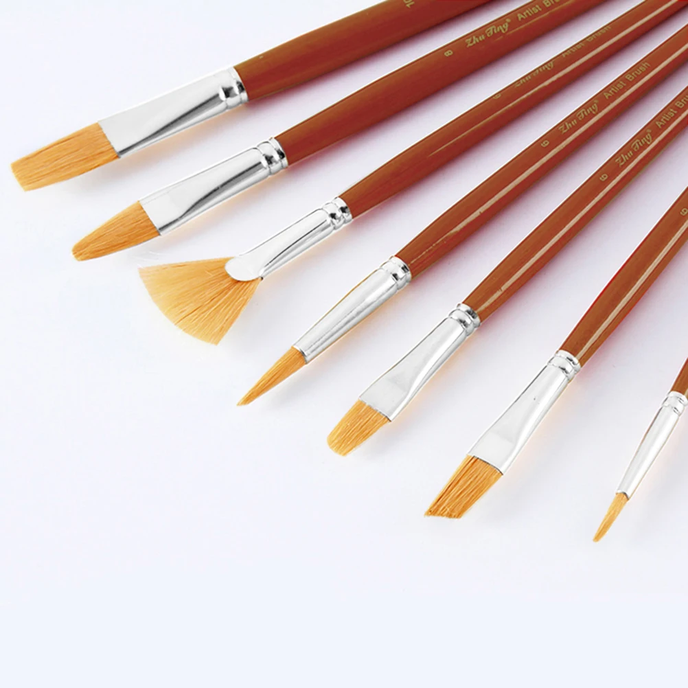 

7 Pcs Paint Brushes Acrylic Oil Watercolor Gouache Nylon Hairs Set Beginner Student Kids School Wooden Handles Double