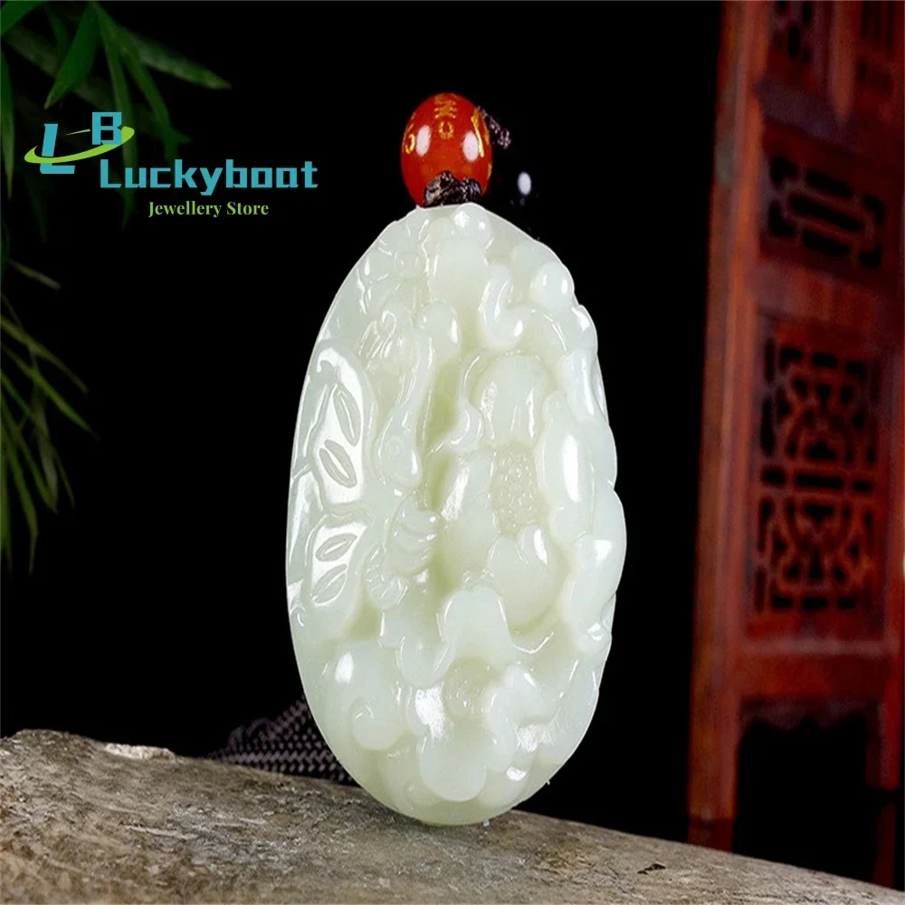 

Crafts Xinjiang Hetian White Jade Peony Flower Pendant Fashion Exquisite Men's And Women's Necklace