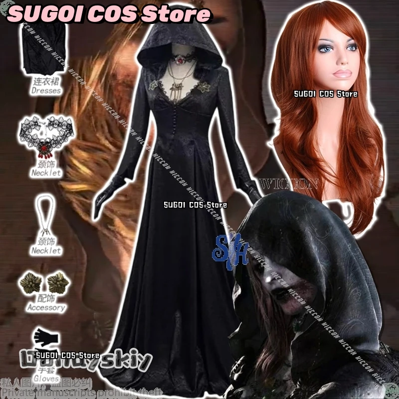 Vestido largo Vintage de vampiro de terror, sombrero grande negro con escote en V profundo, vestido gótico de encaje {SUGOI COS} disfraz de Halloween Bela Anime Game Dimitrescuuu