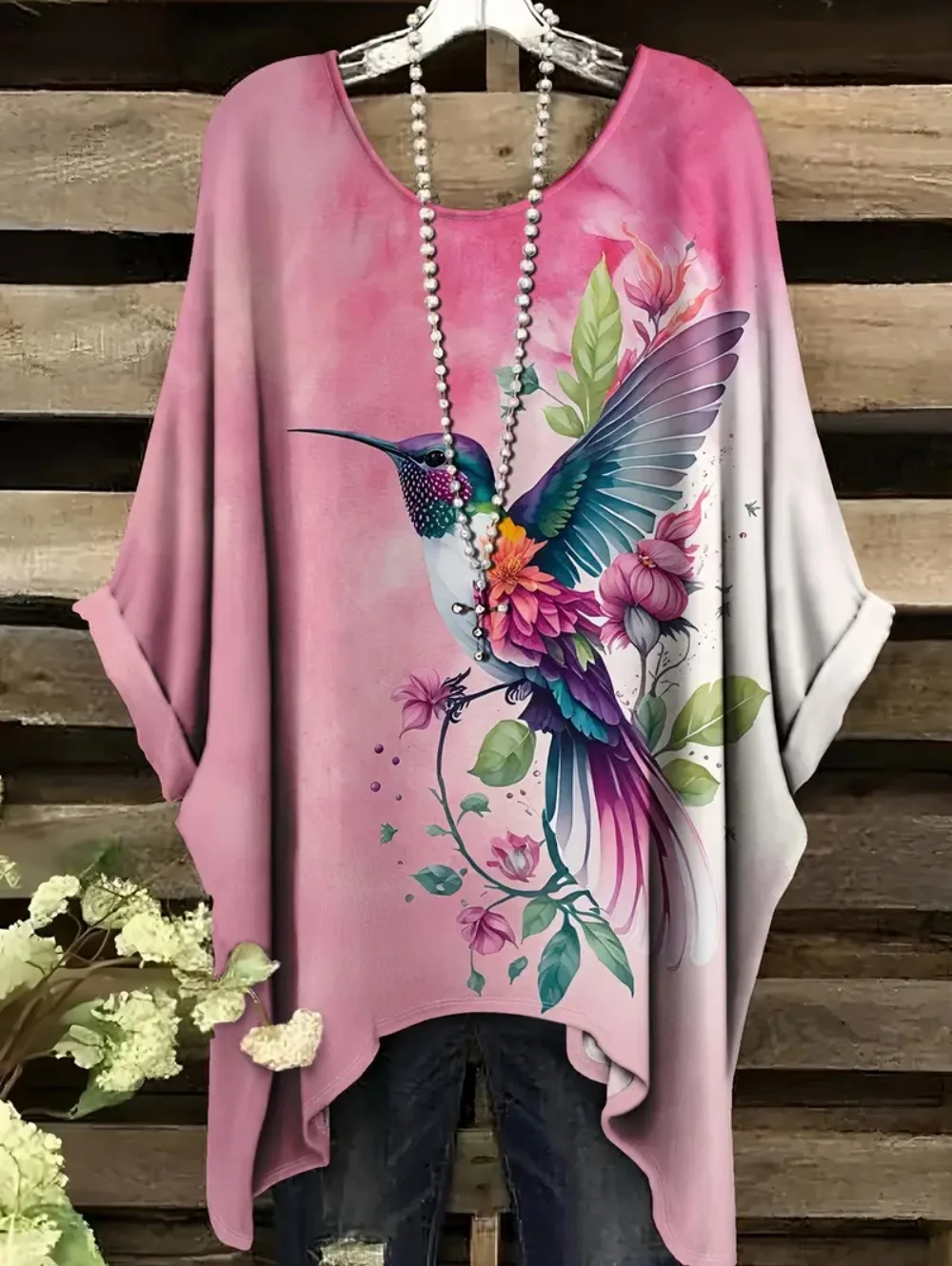Summer Women's T-Shirt Hummingbird Peacock Print Round Neck Tail Comfortable Short Sleeve Oversized Tee Irregular Hemline Tops
