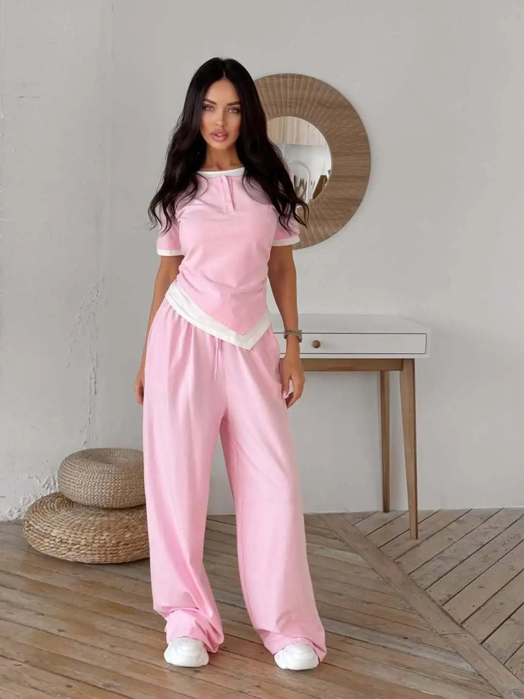 

Fake Two Pieces Short Sleeved Outfit Spring Women O Neck Button Tops+High Waist Drawstring Wide Leg Pants Summer Two Piece Set