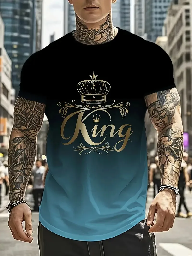 

Men's gradient color printed with king pattern round neck t-shirt fashion casual comfortable outdoor sports running men clothing