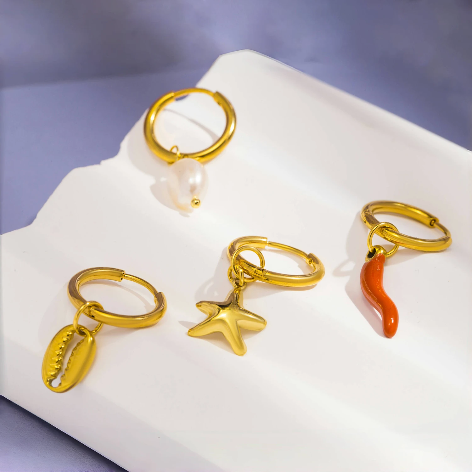 1set 4 pcs Trendy Stainless Steel Starfish Drop Earrings for Women Enamel Red Chili Pepper Natural Pearl Charm  Jewelry