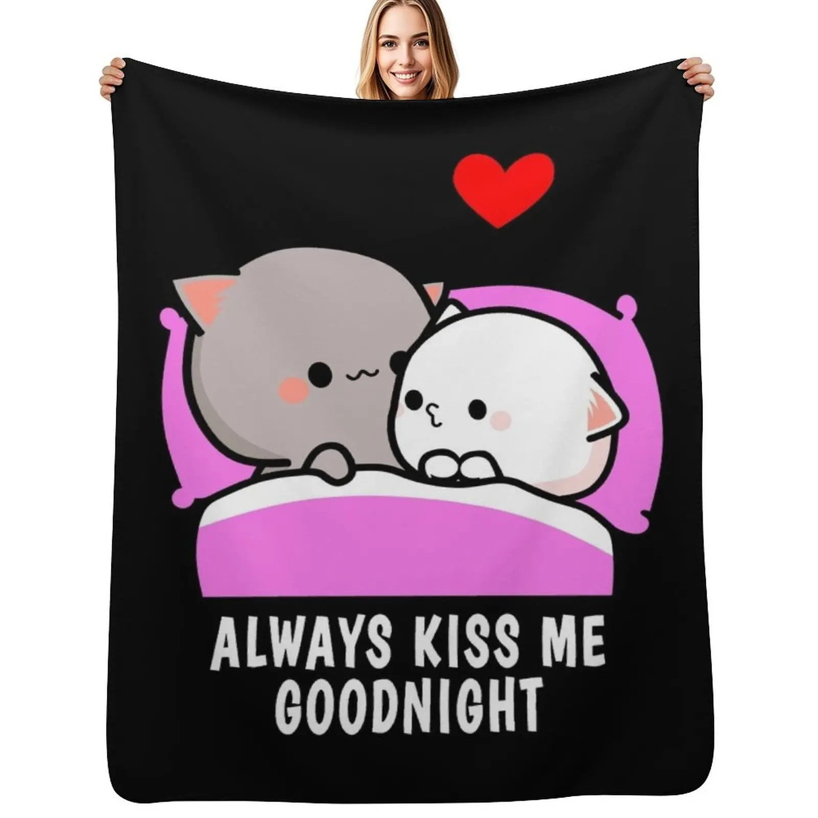 

Peach Cat and Goma Always Kiss Me Goodnight Throw Blanket Warm Napping Blanket for Office Couch Bed