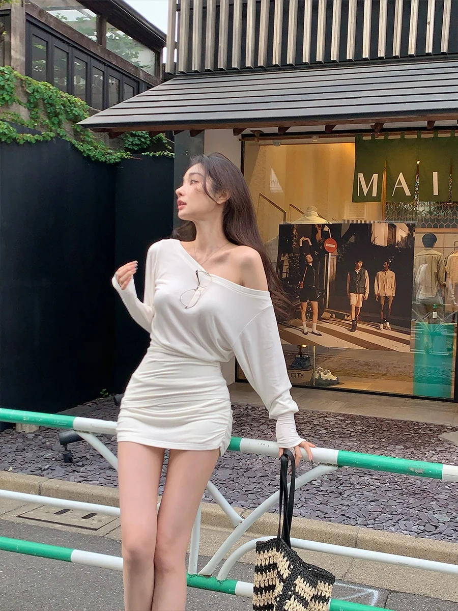 

Loose Mod Long Sve One oulder Batwing T-irt Women's Sun Protection Top ACHI White Daily Wear Pure Color Summer