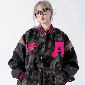 남녀공용 위장 야구 유니폼 재킷, 커플 싱글 브레스트, 레트로 스플라이싱 PU 가죽 코트, 용수철 가을 신상