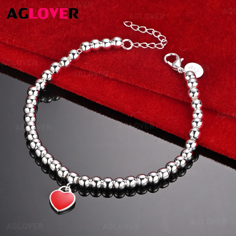 

AGLOVER 925 Sterling Silver 6mm Round Bead Chain Red Love Pendant Bracelet Cute Charming Woman Birthday Gift Jewelry