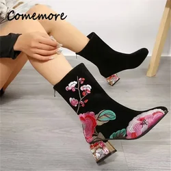 Women Flower Embroider Ankle Boots Winter Fashion Colorful Rhinestone Square Heels Zipper Motorcycle Short Boots Retro Shoes