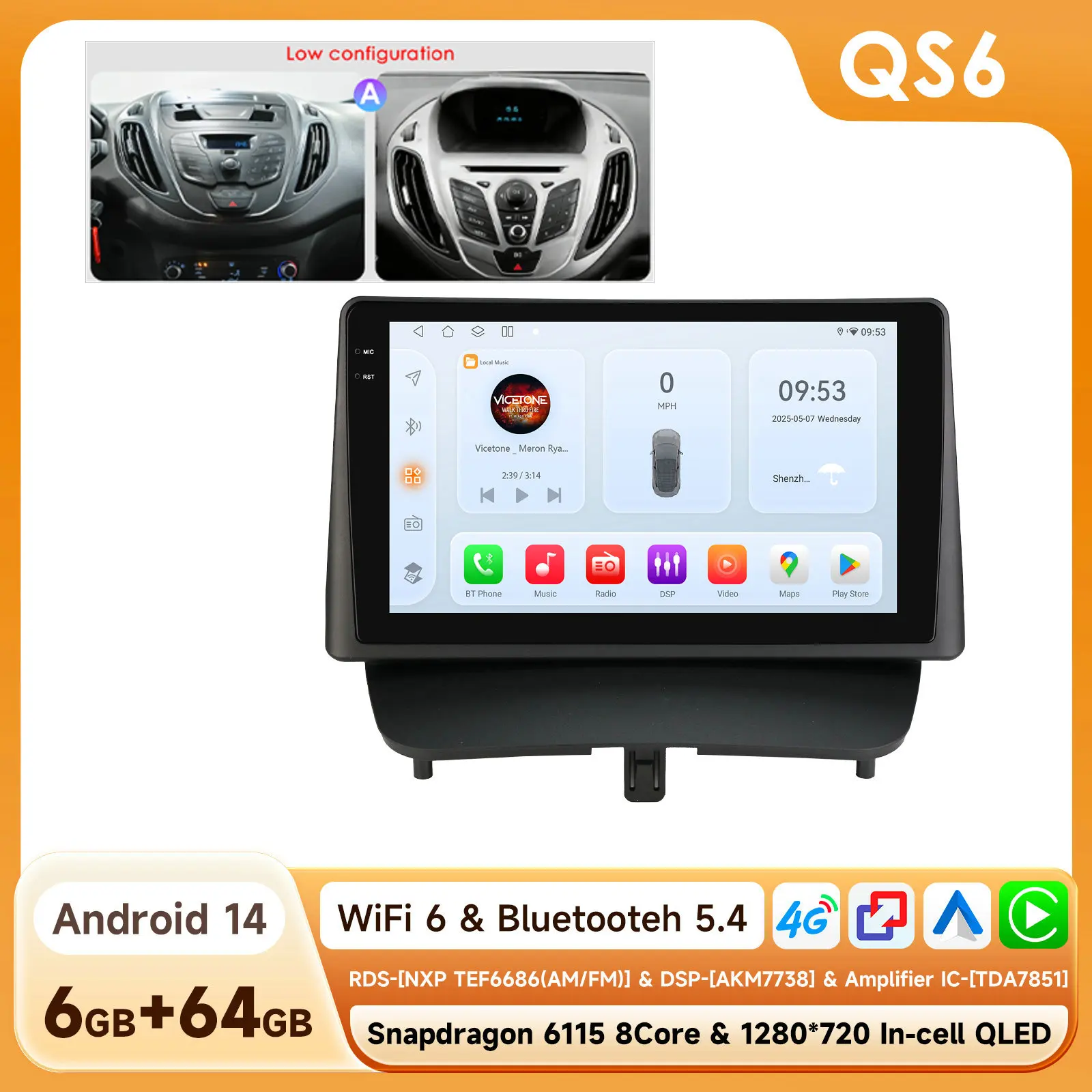Hizpo 8-Core Android 14 Intelligente autoradio voor Ford Transit/Tourneo Courier 2013-2021 CarPlay 4G BT met Qualcomm Snapdragon 6115