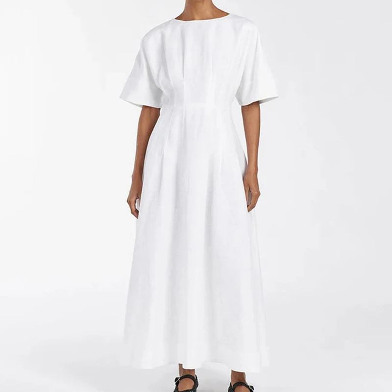 

Fashion Cotton Solid Big Swing Dresses Spring Women Short Sleeved O Neck Slim Dress Summer High Waist Casual Knee Length Dress
