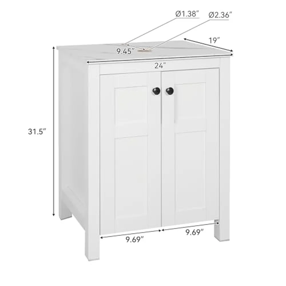 24 Inch White Bathroom Vanity with Marble Texture Top Traditional Standing Pedestal Cabinet with Marble Boat Ceramic