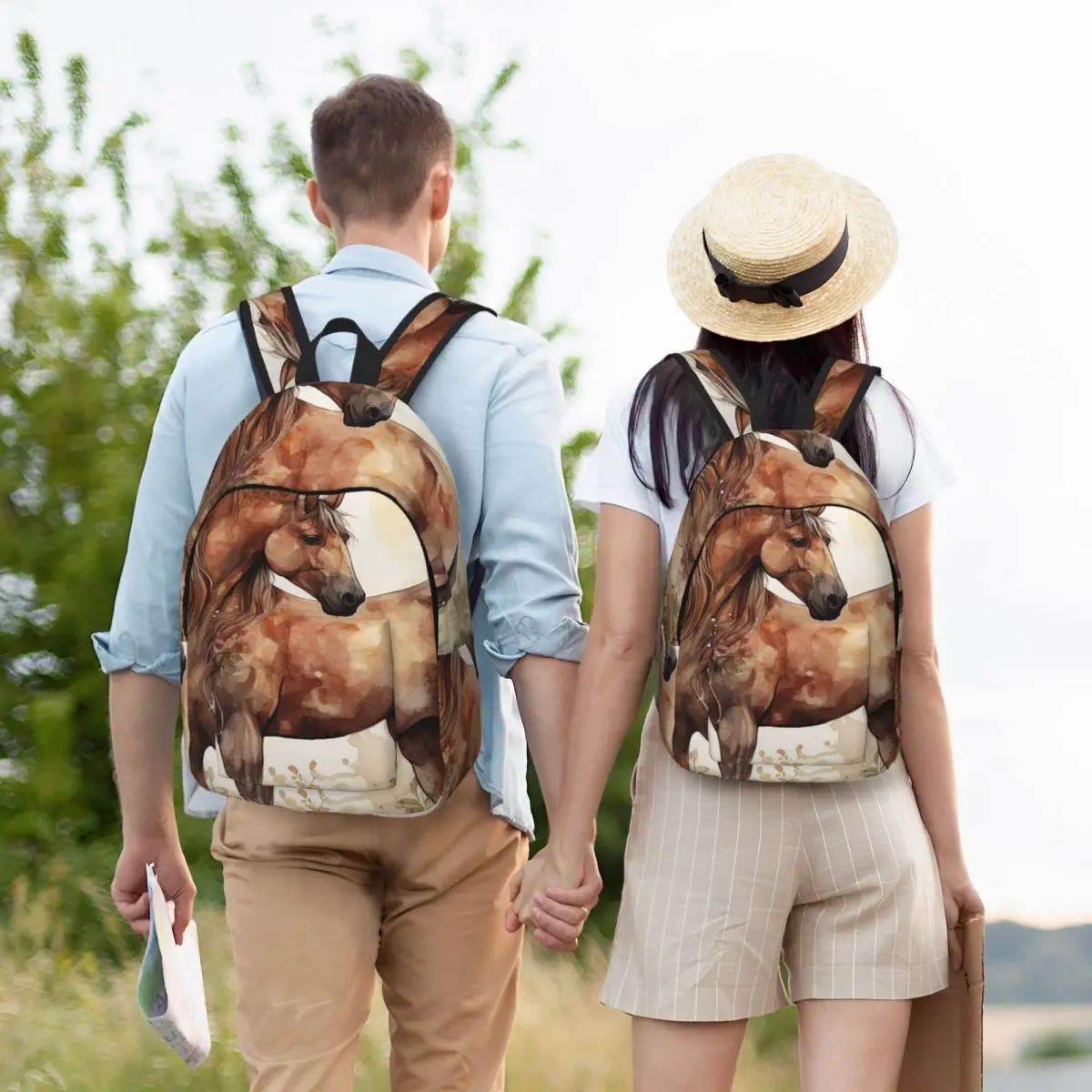 Brown Horse Herd Running Galloping Animal Lovers Humor Student Backpack School Bag Hiking Travel Daypack Bookbag Shoulder Bags
