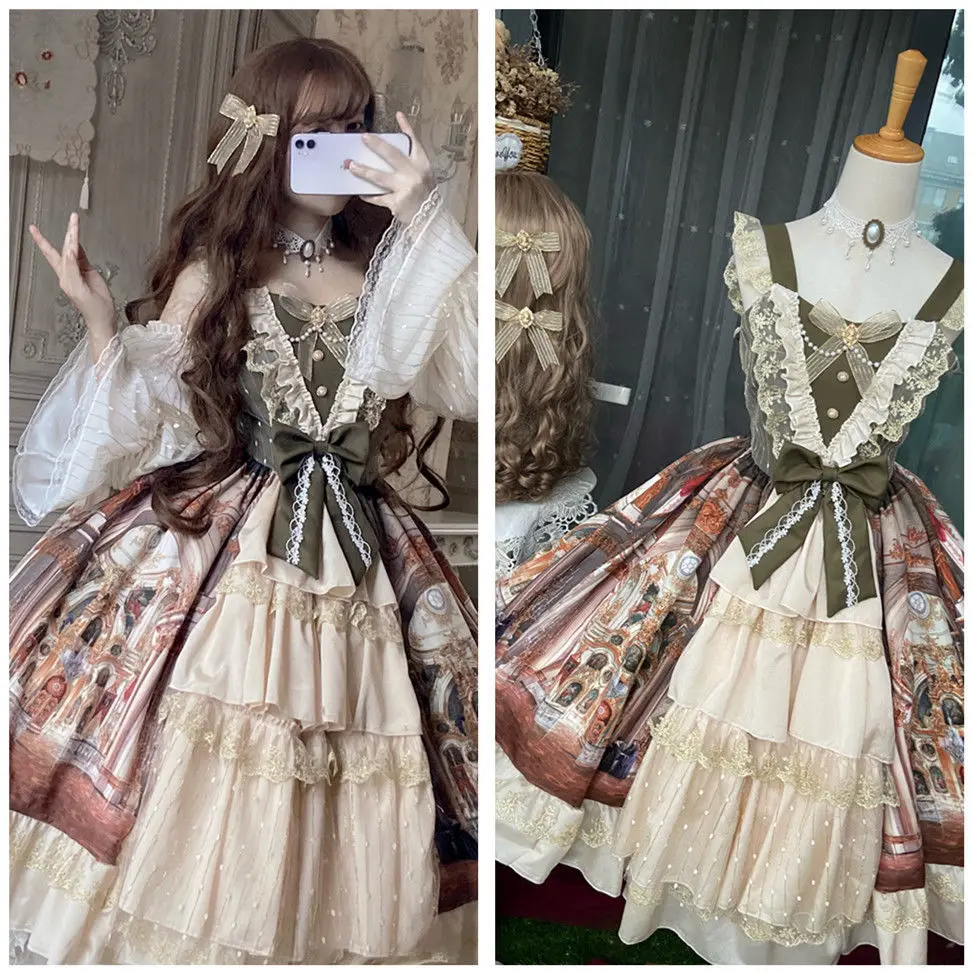 Elegant Lolita Jsk Suspender Dress Princess Palace Oil Painting Cla Ruffle Gorgeous Dress Court Style JSK Tea Paty Dress