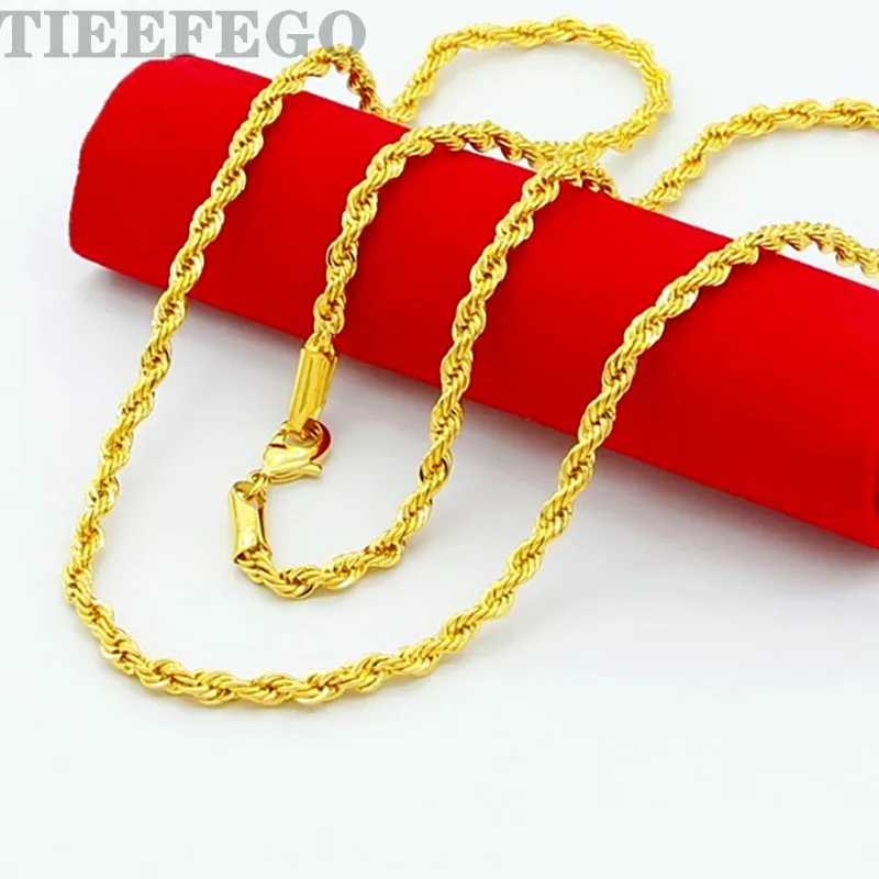 TIEEFEGO Hip Hop 24K Gold Necklace 3MM Twisted Rope Twist Electroplating Gold Necklace for Men Women Wedding Jewelry Gifts