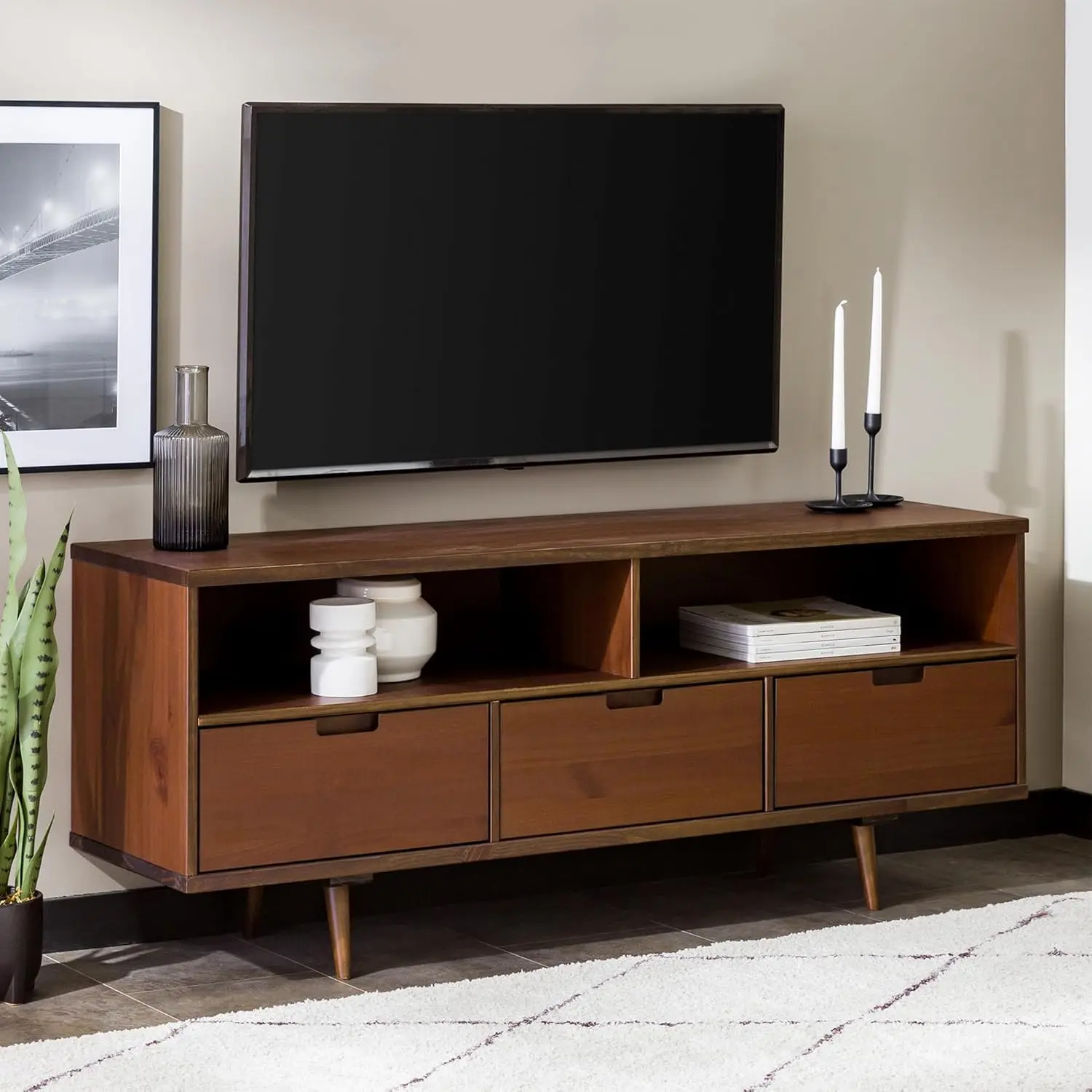 Modern Wood TV Stand para sala de estar, tela plana, porta do armário, Storage Center, Storage Center, 3 gavetas, meados do século, até 65"